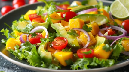 Refreshing Tropical Mango Salad with Mixed Greens, Cherry Tomatoes, and Avocado for Summer Delights