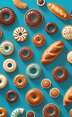 seamless vector image with continuous pattern including bakery products. Bread, pastries,