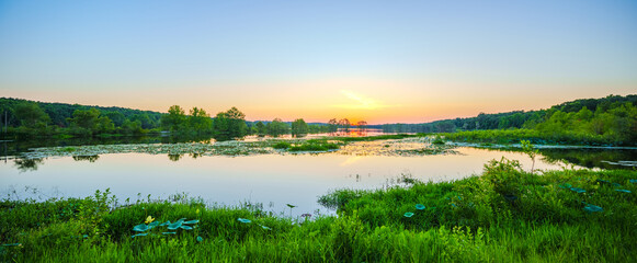 Panorama sunset. Wide angle photo Lafayette Heritage Trail Park. Tallahassee FL USA
