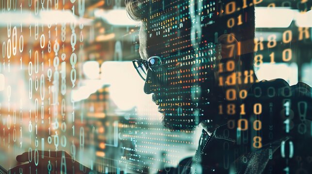 Binary code portrait of a young male programmer at work