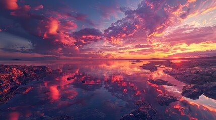 Fototapeta premium Vibrant Sunset Over Rocky Coastline with Reflection in Water, Perfect for Posters or Card Designs