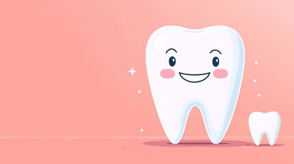 Cute cartoon tooth with a happy expression and a smaller tooth beside it, on a pink background.