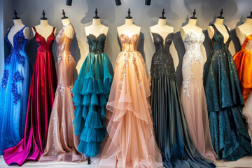 Elegant evening gowns on display in a fashion boutique