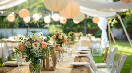 Close-up of wedding reception table under white tent with wooden centerpieces, pink white flowers in vase, white plates, silverware, glasses. String lights, paper lanterns, green lawn in background.