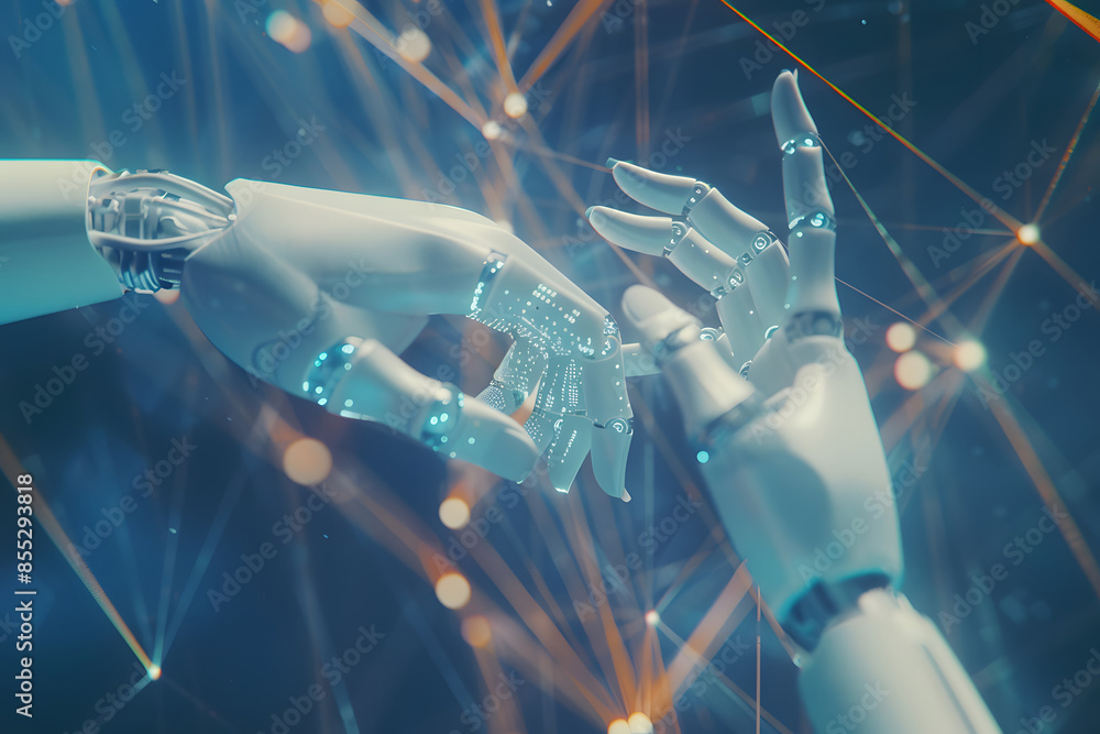 Poster ai, machine learning, hands of robots and humans touching on big data network connection background,