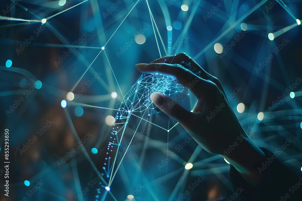 Poster ai, machine learning, hands of robots and humans touching on big data network connection background,