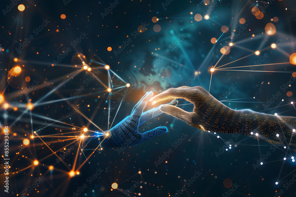 Poster ai, machine learning, hands of robots and humans touching on big data network connection background,