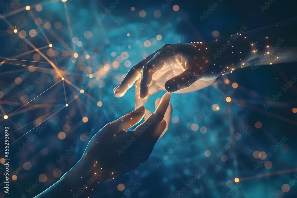 Poster ai, machine learning, hands of robots and humans touching on big data network connection background,