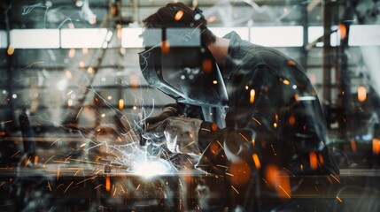 Industrial welder at work. Sparks fly in all directions.