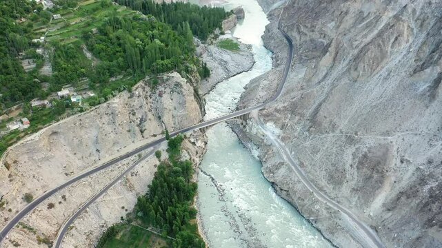 Drone Flight over Hunza River in Hunza Valley