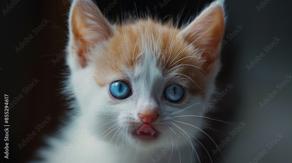 Wall mural An adorable white and red kitten stares at you, its blue eyes shining. It licks its lips, looking hungry