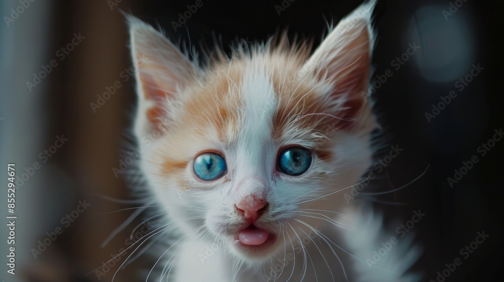 Canvas Prints An adorable white and red kitten stares at you, its blue eyes shining. It licks its lips, looking hungry