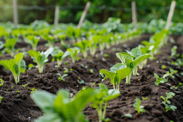 Young vegetable plants sprouting in organic garden