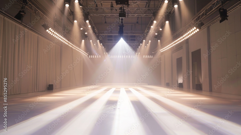 Poster a wide shot of an empty stage with spotlights illuminating the floor, creating a dramatic and ethere