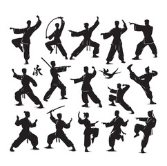 Silhouette of people isolated on white background. Wushu, kung fu, Taekwondo, Aikido. Sports positions. Design elements and icons. Vector illustration. Set