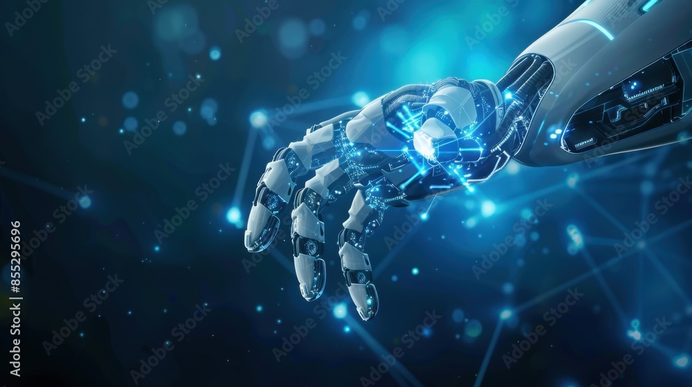 Poster a close-up shot of a robotic hand with glowing blue lines extending from its fingertips. the backgro