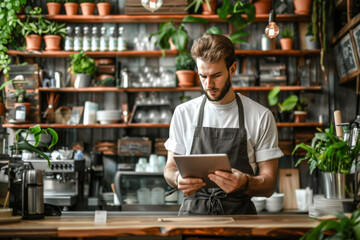 Fototapeta premium Smiling barista with tablet in cozy coffee shop