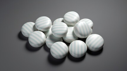A pile of white and blue striped candy. The candy is round and has a smooth surface. The pile is sitting on a gray surface.