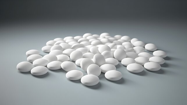 A pile of white pills on a blue surface. The pills are round and have a smooth surface. They are scattered in a random pattern.