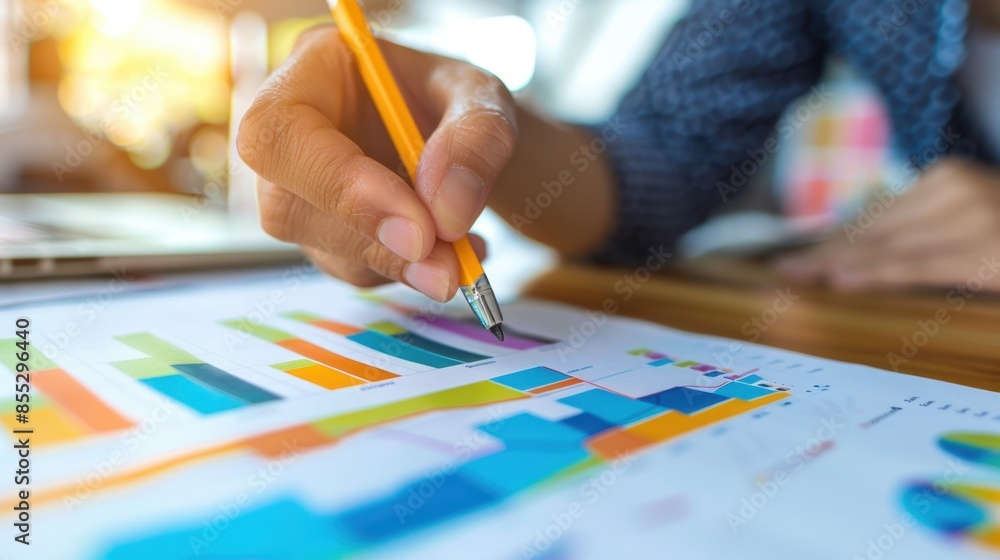 Poster a hand holds a yellow pencil and points at a bar graph on a sheet of paper. the graph shows colorful