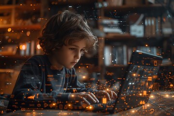 Boy Programming on Laptop with Futuristic Overlay