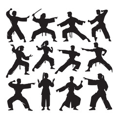 Silhouette of people isolated on white background. Wushu, kung fu, Taekwondo, Aikido. Sports positions. Design elements and icons. Vector illustration. Set