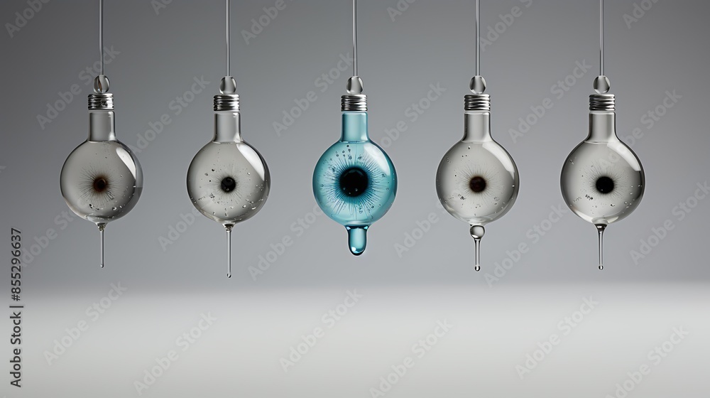 Poster surreal image of light bulbs filled with water and an eyeball inside each one. the light bulbs are a