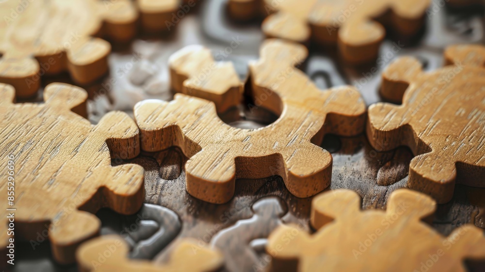 Poster a macro shot of wooden puzzle pieces interlocked together, creating a textured, intricate pattern.
