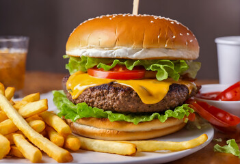 Fast food hamburger with french fries on table.