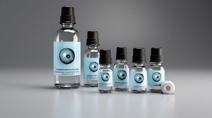 A variety of eye drops are displayed in a row. The eye drops are in different sizes and have different labels. The background is a solid color.