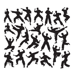 Silhouette of people isolated on white background. Wushu, kung fu, Taekwondo, Aikido. Sports positions. Design elements and icons. Vector illustration. Set