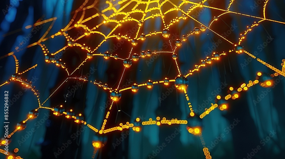 Poster a macro photo of a spider web with glowing lights illuminating its center against a black backdrop