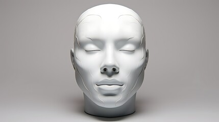This is a 3D rendering of a human head. The head is white and has a smooth, even surface. The eyes are closed and the mouth is slightly open.