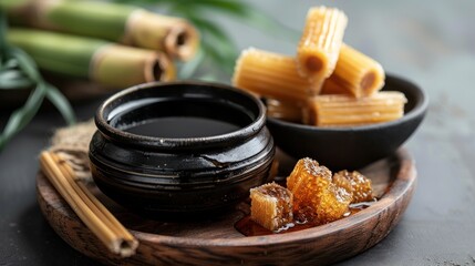 Sugar cane syrup molasses with fresh sugarcane isolated on white background. 