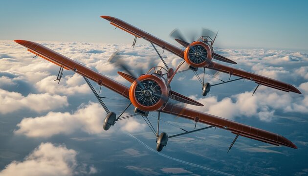 Two classic orange biplanes with propellers are captured in flight among clouds, set against a hazy sky