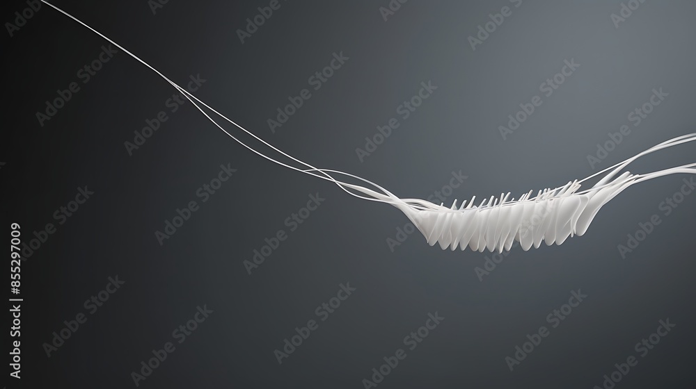 Poster 3d rendering of a white, organic, ribbon-like structure, with a slight iridescence, floating in a da