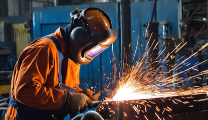 Worker at the factory welding. Industrial manufacturing.