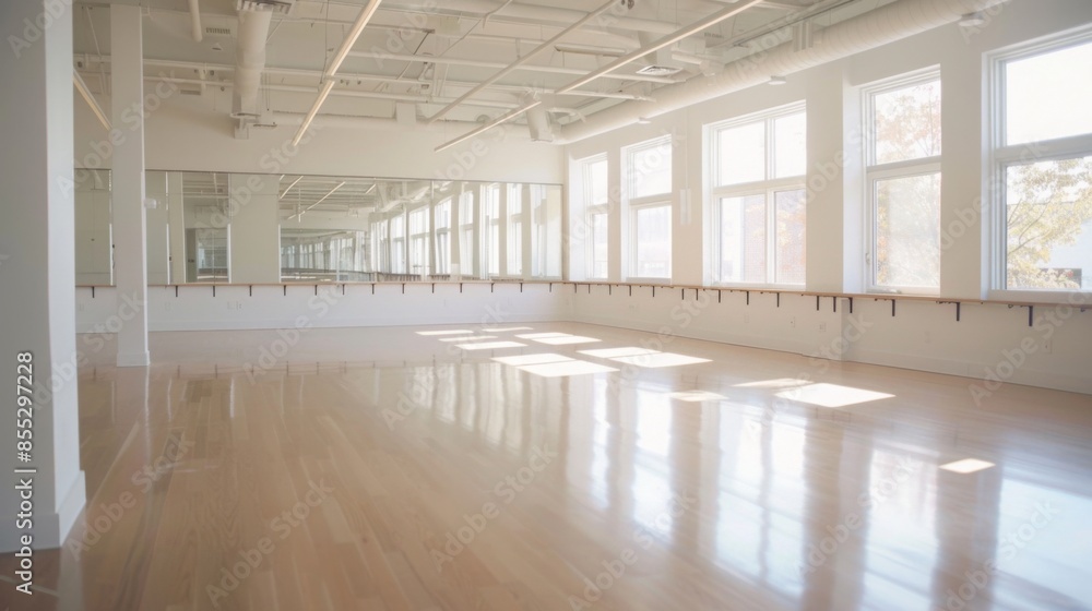 Poster an empty dance studio with large windows and mirrored walls. the space is filled with natural light.