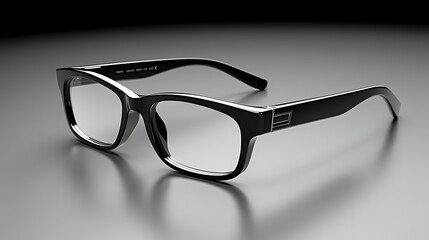 Black plastic eyeglasses with rectangular lenses. The glasses are sitting on a reflective surface with a dark background.