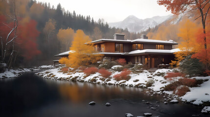 villa with pitched roofs in a snowy landscape near a gentle stream, the essence of winter nature, winter landscape with a beautiful house in nature,
