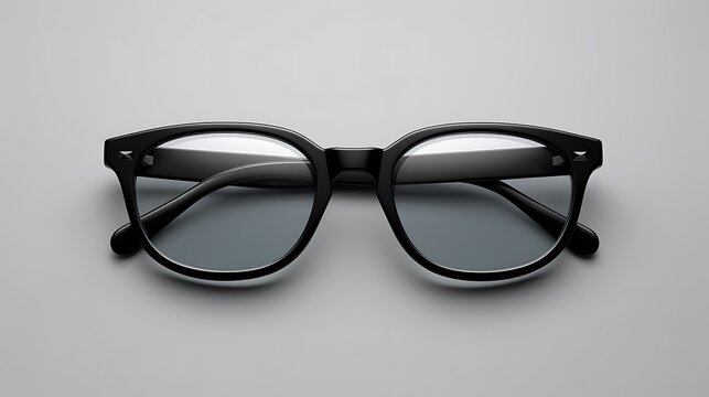 Black plastic semi-rimless eyeglasses with round lenses on a gray background.