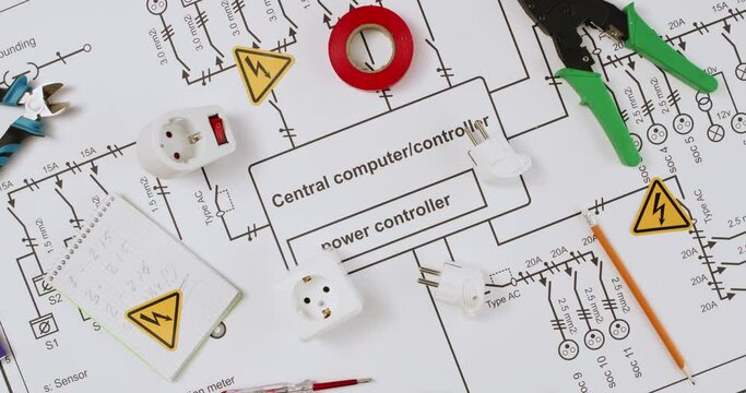 Electrical supplies scattered on computer controller plan upper view. Schematic diagram of server network connection with various elements
