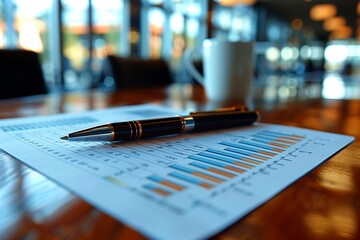 Fototapeta premium A pen and a cup of coffee are on a table with a piece of paper with numbers and graphs. Concept of focus and productivity, as the pen and paper are essential tools for work or study