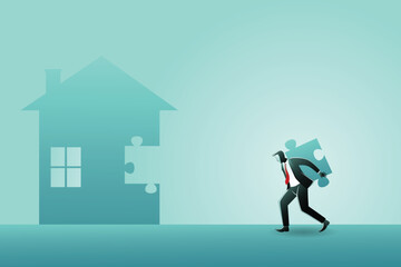 Vector illustration of businessman carrying jigsaw puzzle pieces to build a house