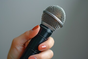 A microphone is being held by a person with orange nails. The microphone is silver and black