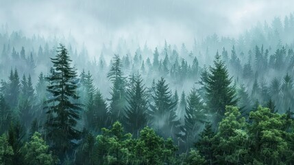 A pine forest with trees that are wet from the rain landscape