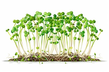 A close-up image of green microgreens growing from soil against a white background. The microgreens are in focus, showcasing their fresh, vibrant color and delicate stems. Generative AI