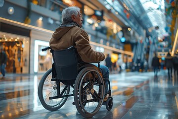 Obraz premium An elderly man in a wheelchair is seen navigating a modern shopping mall, representing accessibility and daily life challenges