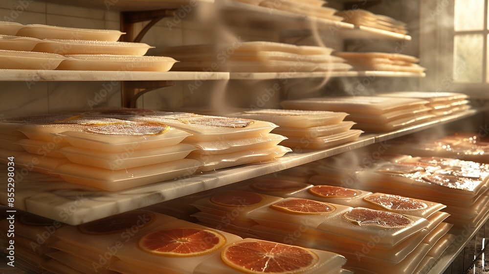 Poster   A showcase brimming with an array of diverse cakes and oranges arranged on adjacent trays