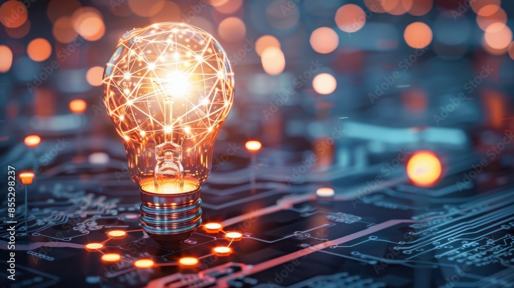 Poster a glowing lightbulb with a network of connections inside rests on a circuit board, suggesting innova